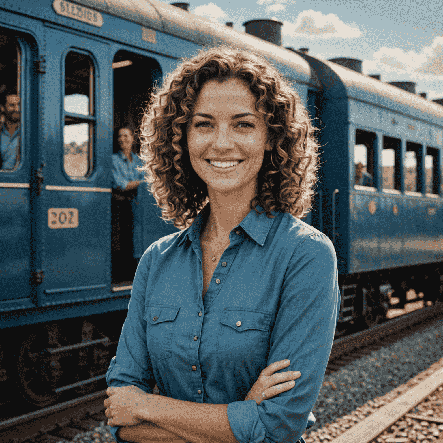 Portrait of Sarah van der Merwe, a smiling woman in her 30s with curly hair, wearing a casual blue shirt, standing in front of a vintage train