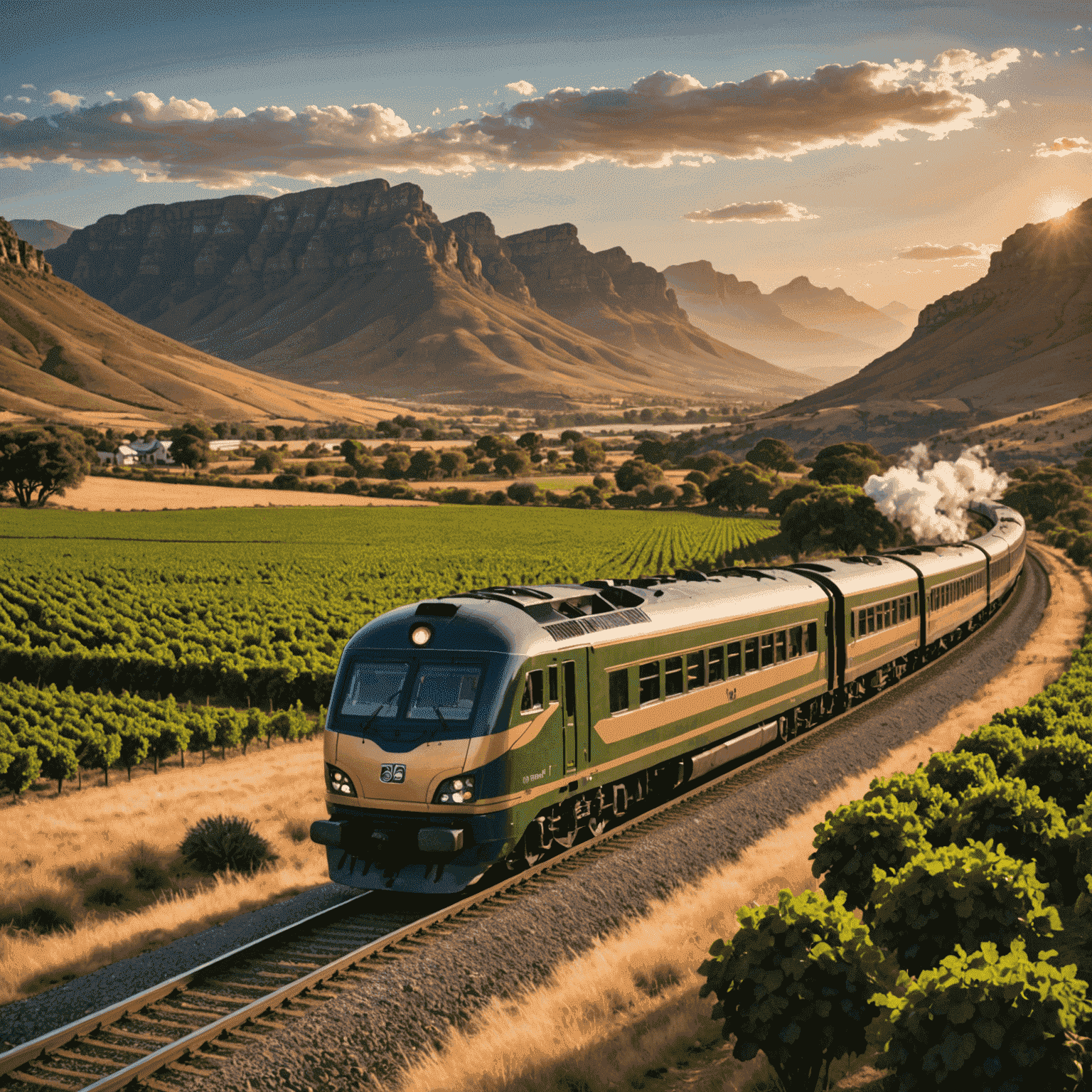 A luxurious train passing through a picturesque South African landscape with mountains, vineyards, and a sunset in the background