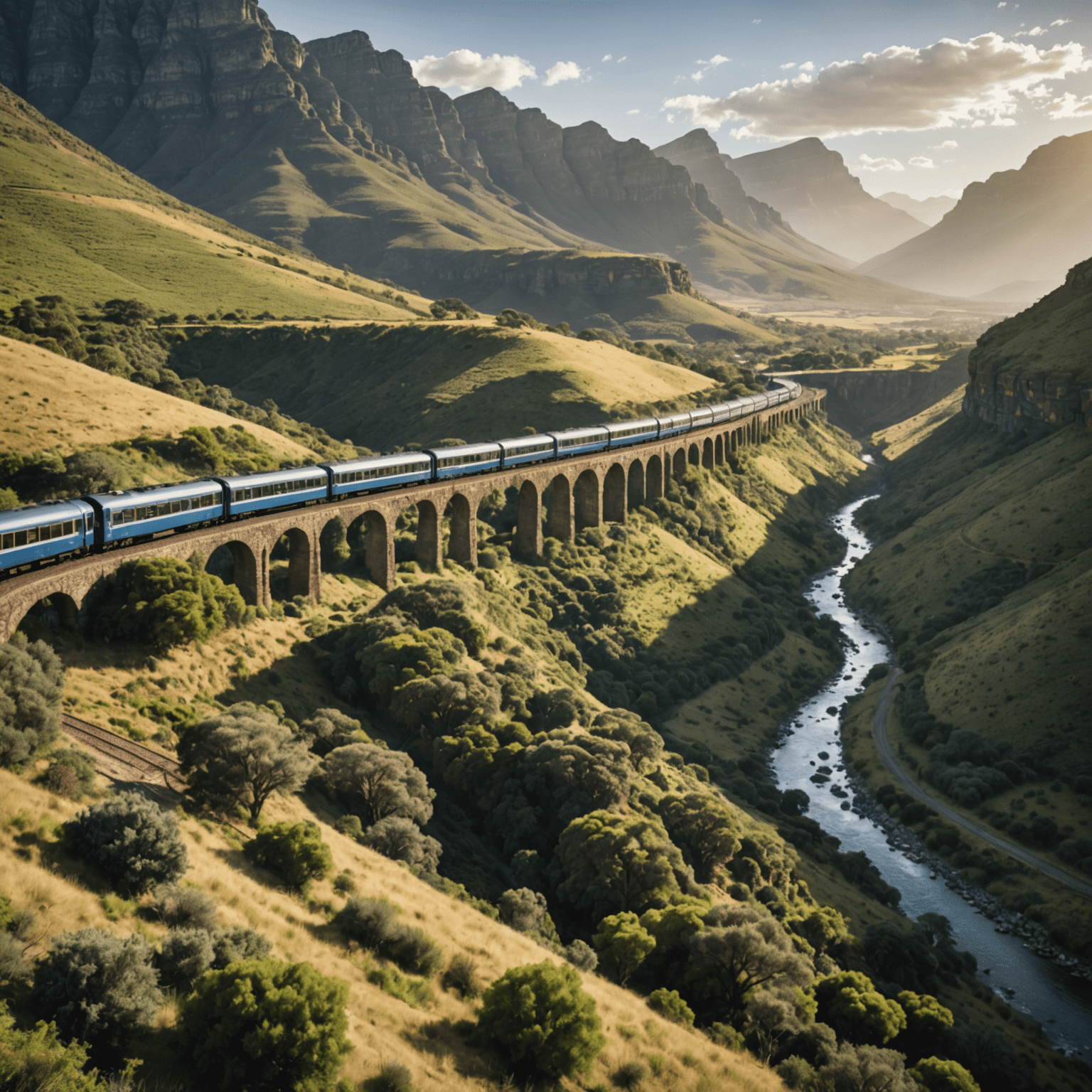 A luxurious train winding through a picturesque South African landscape, showcasing mountains, valleys, and lush vegetation. The image captures the essence of a scenic railway journey.