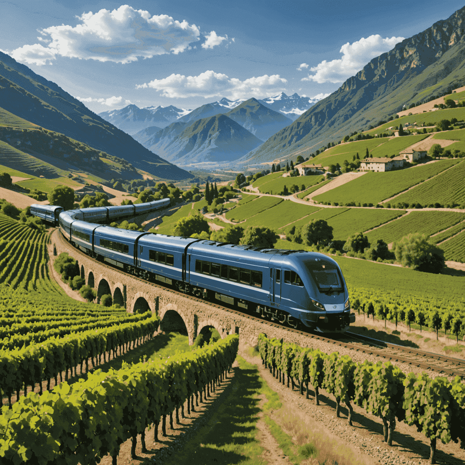 The luxurious Blue Train passing through a scenic landscape with mountains and vineyards in the background