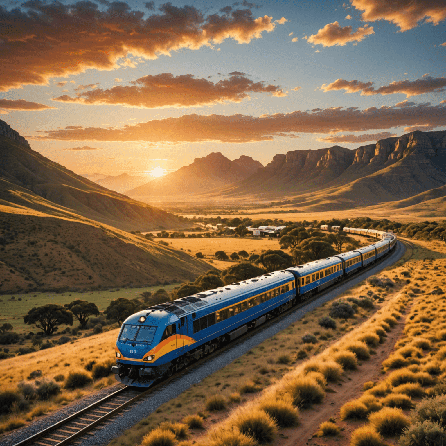 A scenic view of a train traveling through South African landscape, showcasing mountains, grasslands, and a vibrant sunset