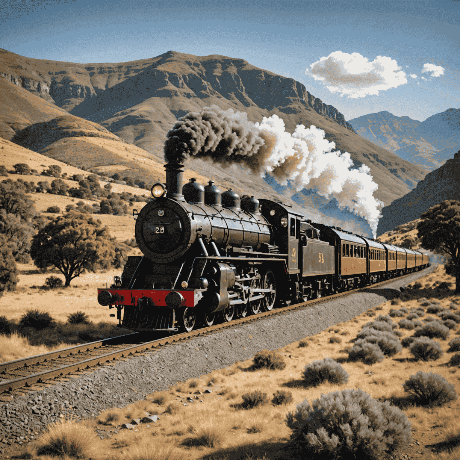 A vintage steam locomotive from the early days of South African railways, chugging through a scenic landscape with mountains in the background