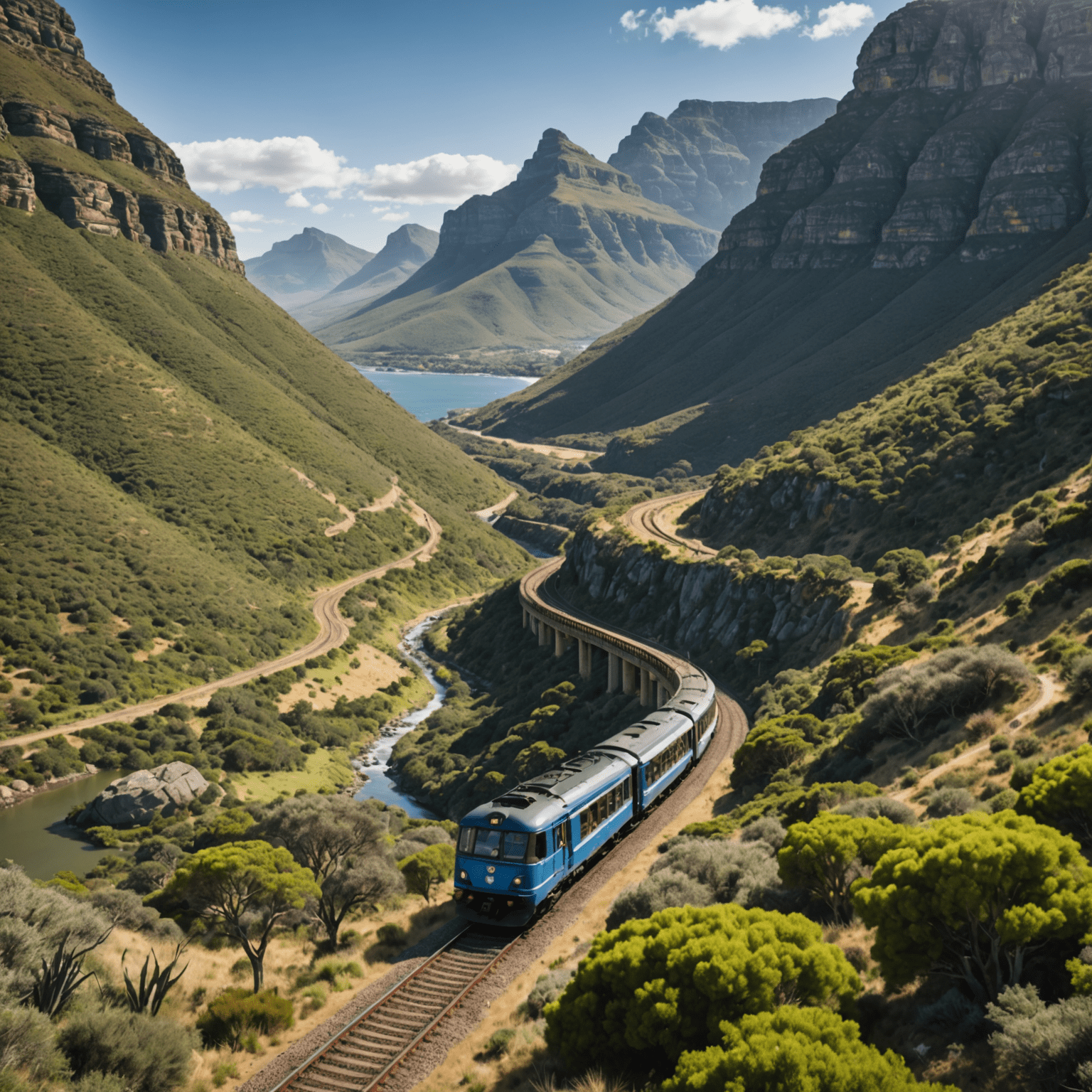 A scenic railway route winding through the diverse South African landscape, showcasing mountains, coastal views, and lush greenery