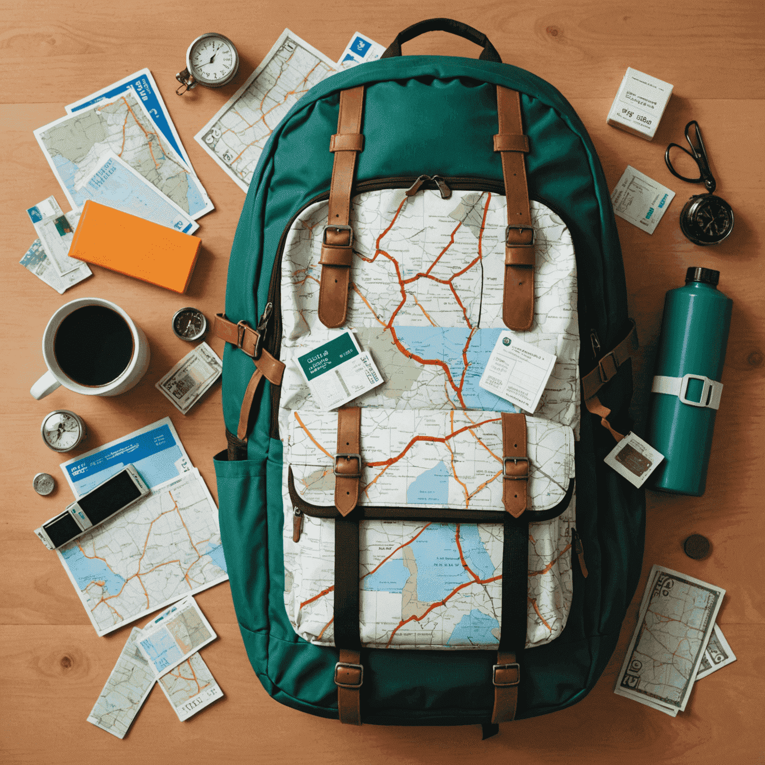 A collage of money-saving travel items: train tickets, a piggy bank, a map of South Africa with train routes, and a backpack