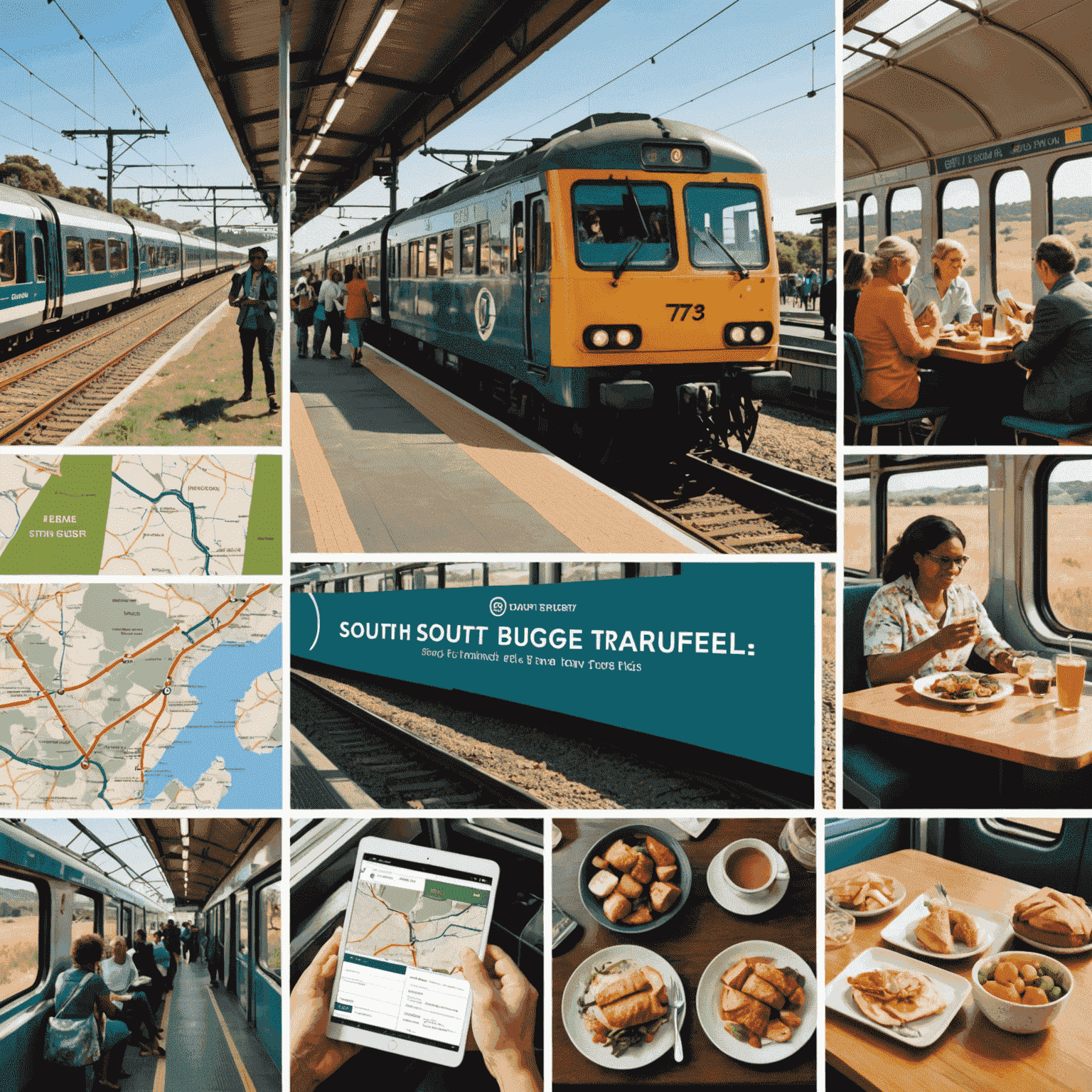 A collage of images showing budget-friendly train travel tips, including a person buying tickets at a kiosk, passengers enjoying picnic meals on a train, and a map of South African rail routes with price tags.