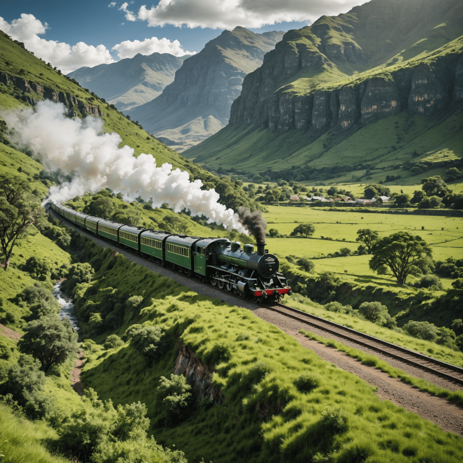 A vintage Rovos Rail train steaming through a lush green valley with dramatic mountain peaks in the distance