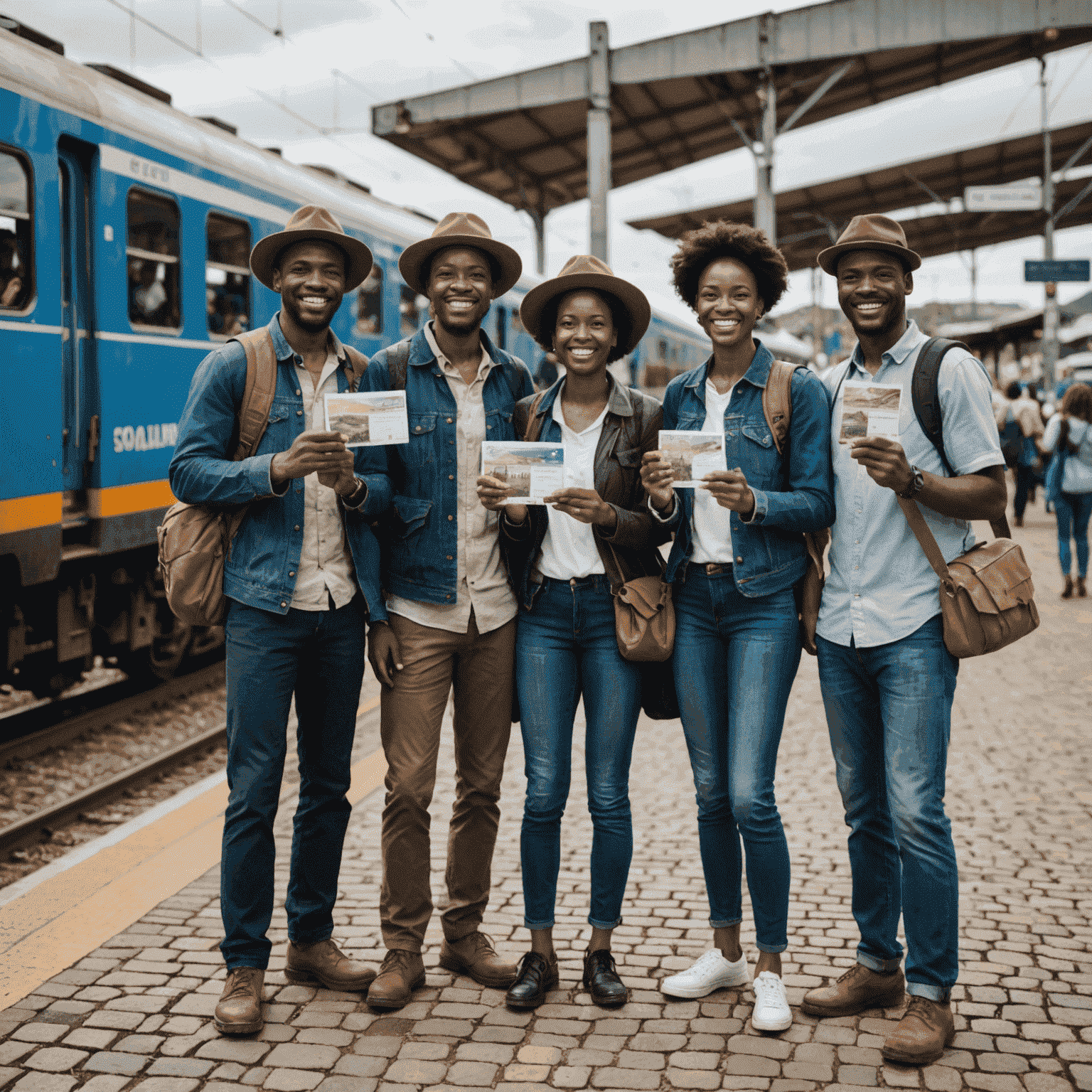 A group of diverse travelers happily showing their tourist passes in front of a South African train station