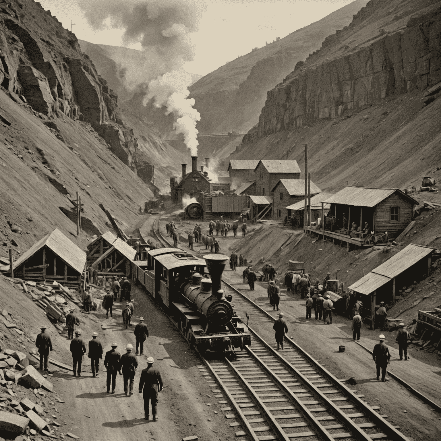 A historical photograph showing the construction of a railway line near a gold mine in the late 19th century, with workers and steam-powered equipment visible