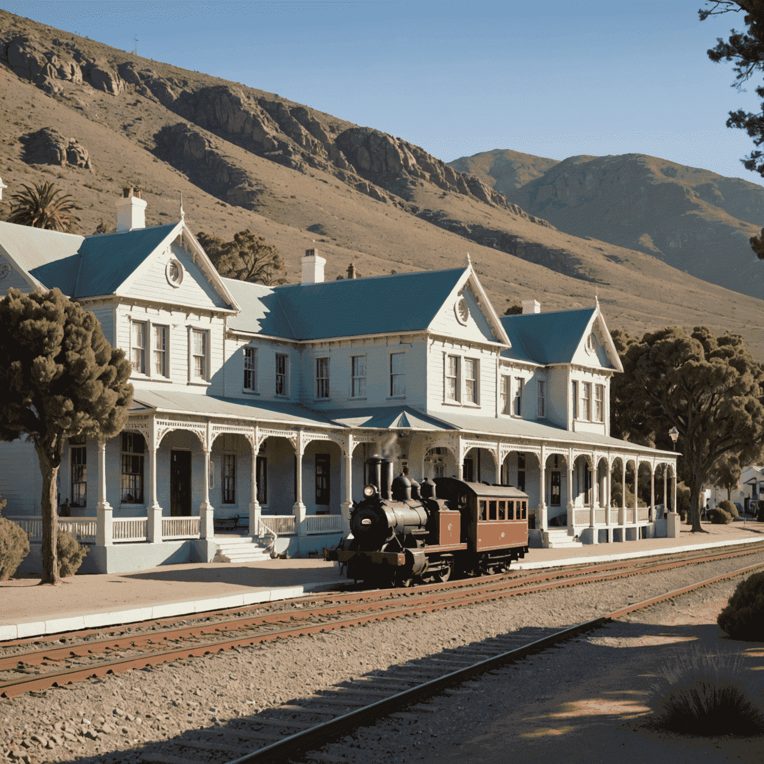 A quaint Victorian-era town with historic buildings and a vintage train station in Matjiesfontein