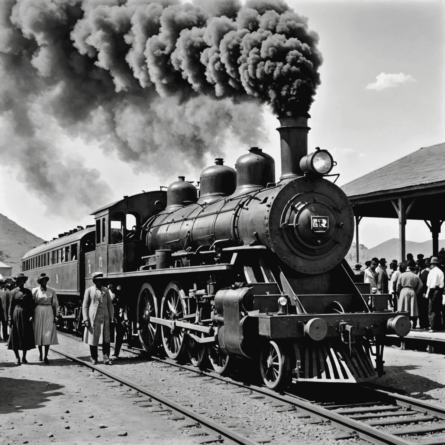 A vintage black and white photograph of an old steam locomotive in South Africa, with people in colonial-era clothing on the platform