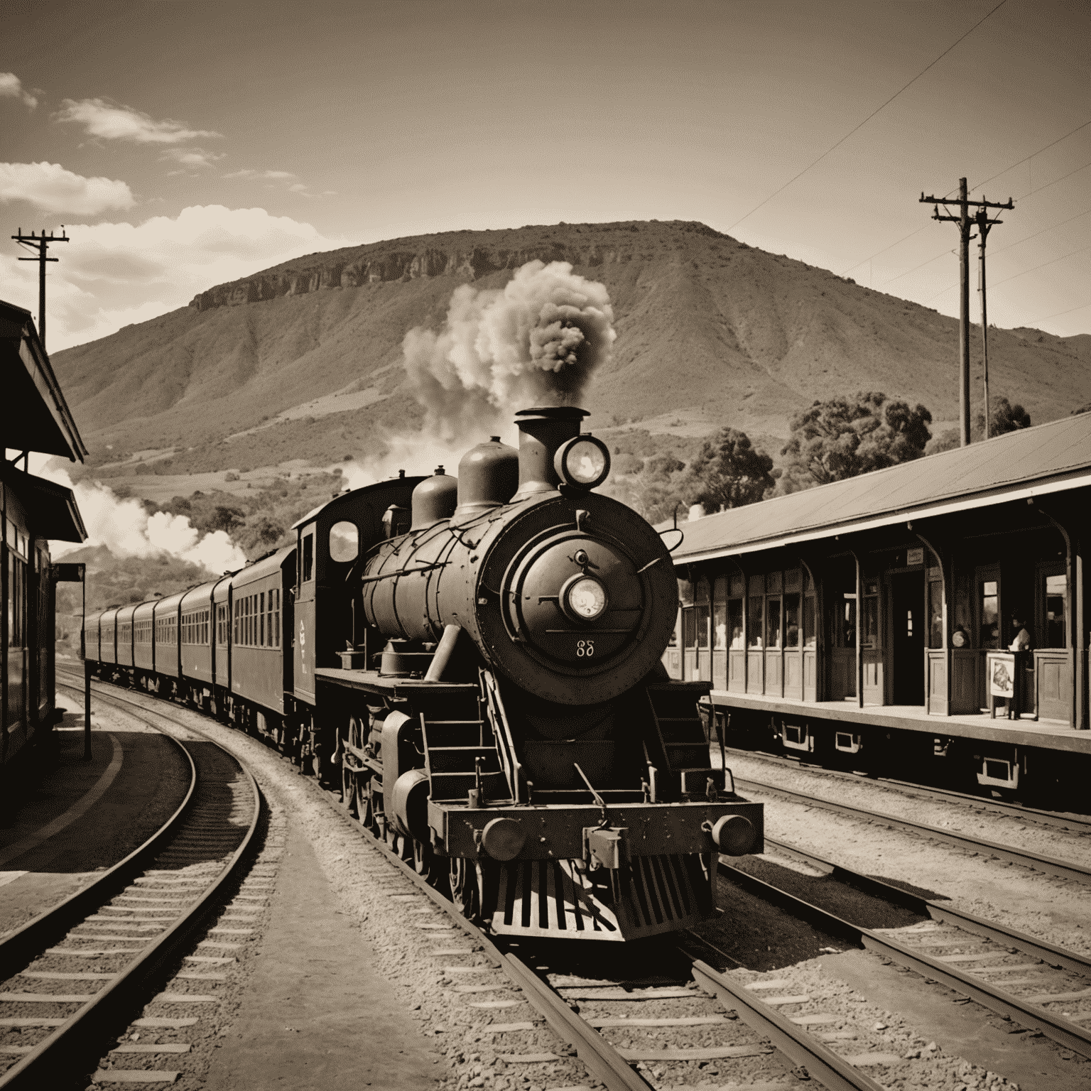 A sepia-toned image showcasing vintage trains, old railway stations, and historical photographs depicting the development of South African railways through different eras.