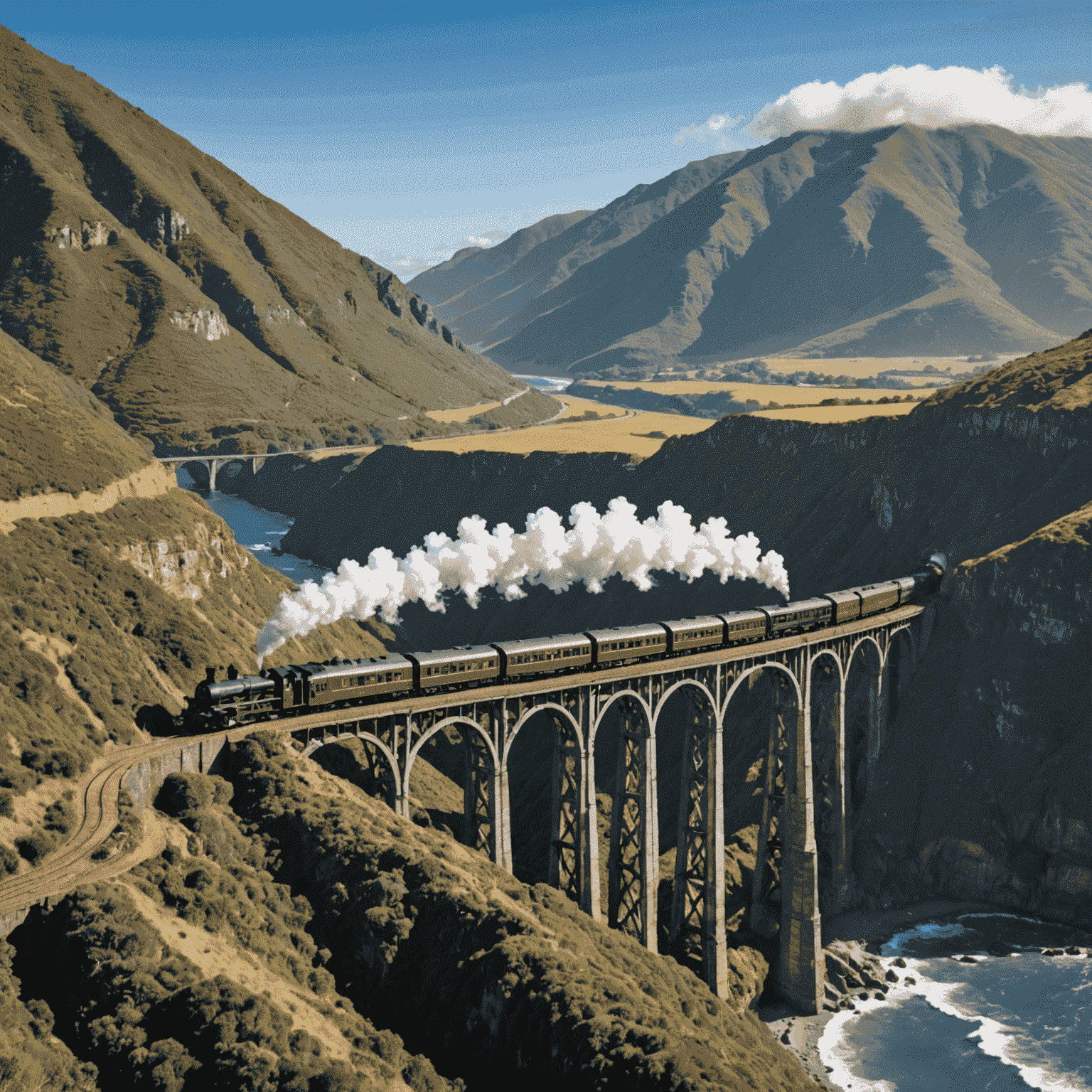 The historic Outeniqua Choo Tjoe steam train crossing a picturesque bridge over a deep gorge with the ocean visible in the background