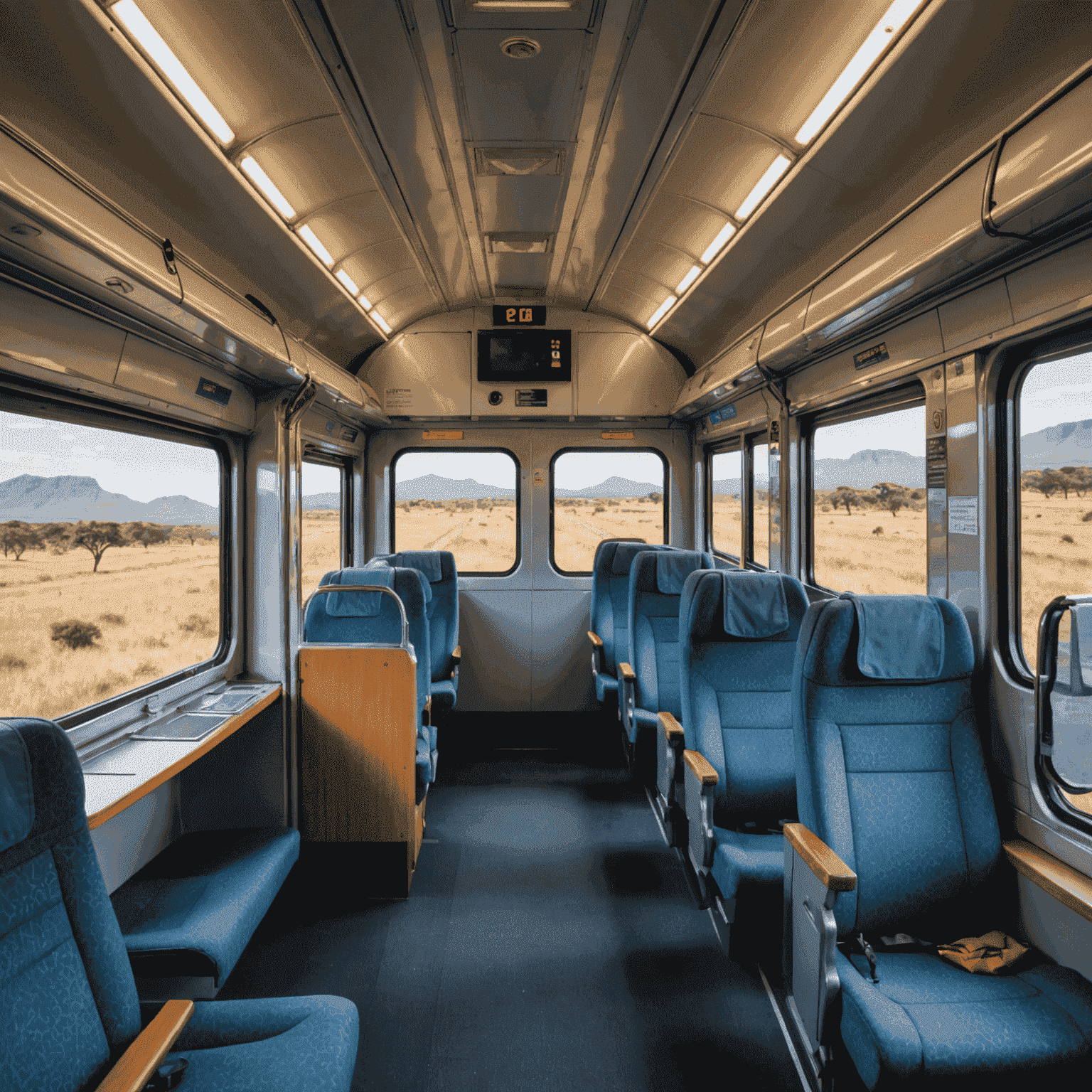 Interior of a budget-friendly South African train compartment, showing comfortable seats and large windows with passing scenery