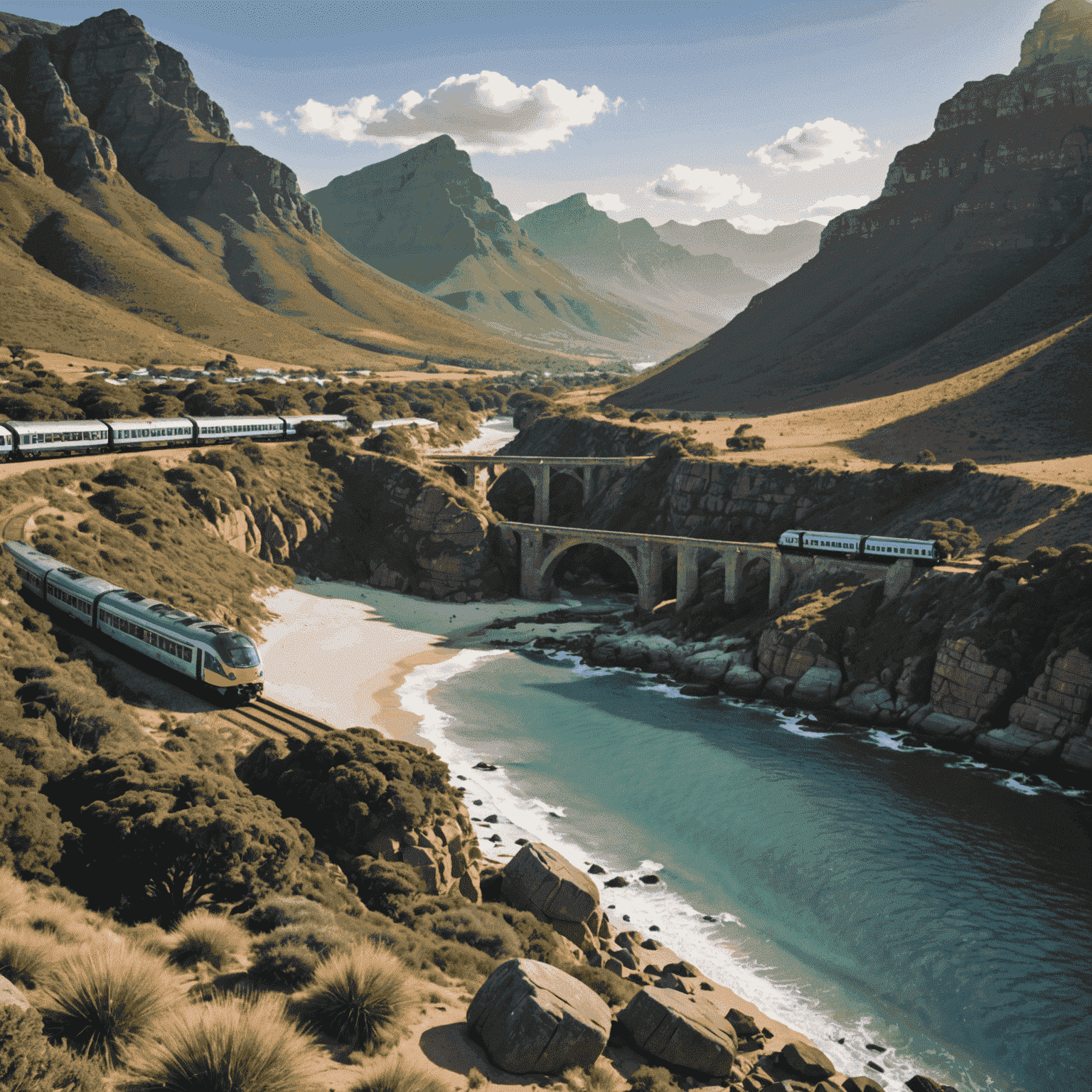 A montage of lesser-known South African destinations accessible by train, featuring secluded beaches, quaint villages, and unique natural landmarks not typically found in tourist guides.