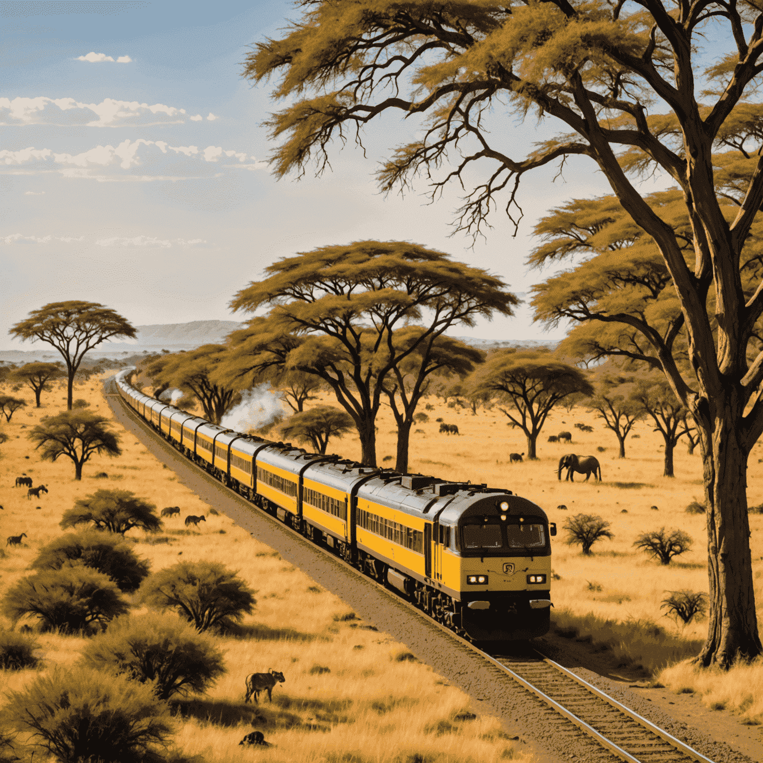 A Shosholoza Meyl train winding through a golden savanna with acacia trees and wildlife visible in the foreground