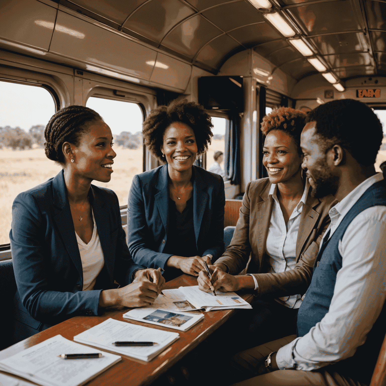 A diverse group of travelers chatting and sharing travel tips in a South African train carriage