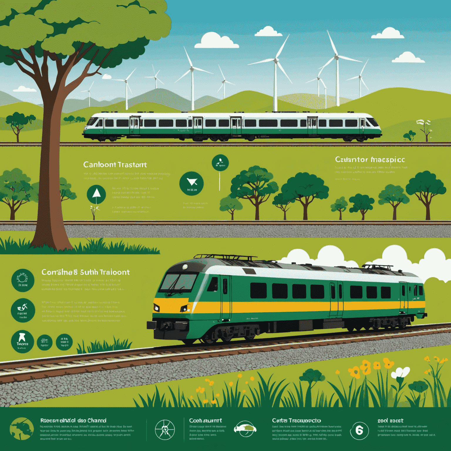 An infographic-style image comparing the carbon footprint of trains to other modes of transport in South Africa, with visuals of green landscapes and clean energy symbols.