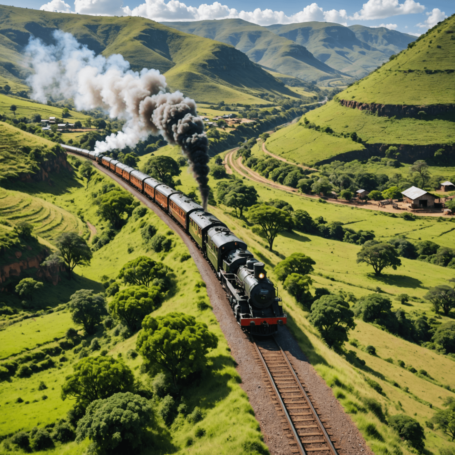 The Umgeni Steam Railway train puffing through the lush Valley of a Thousand Hills with traditional Zulu villages visible on the hillsides